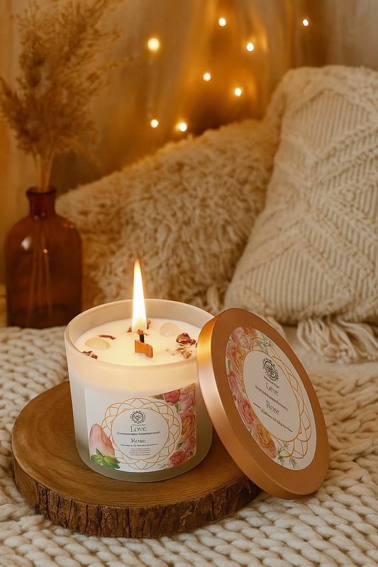 Bougie à la Rose et Quartz Rose – Rituel d’Amour et d’Harmonie Émotionnelle